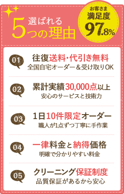 お客様満足度97.8% 選ばれる5つの理由 01往復送料・代引き無料 02累計実績30,000点以上 03 1日10件限定オーダー（職人が丁寧に手作業）04 一律料金と納得価格 05 クリーニング保証制度